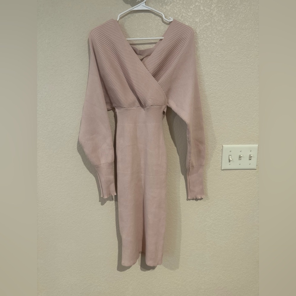 NWOT Blush Pink Sweater Dress Women’s Small Off Shoulder Wrap Style Ribbed Knit - Picture 2 of 4